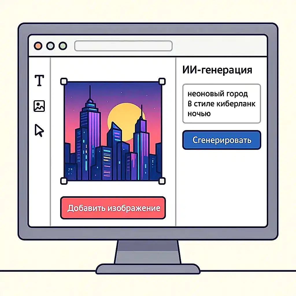 ИИ-генерация изображения неонового города в онлайн-редакторе site10.local